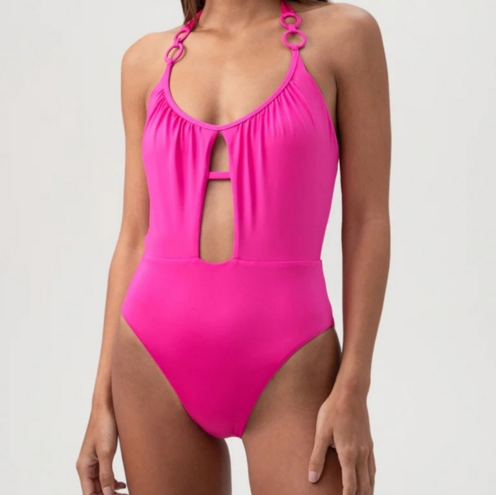 NWT Trina Turk Monaco Cutout Halter One Piece Pink Swimsuit 8 (Medium)